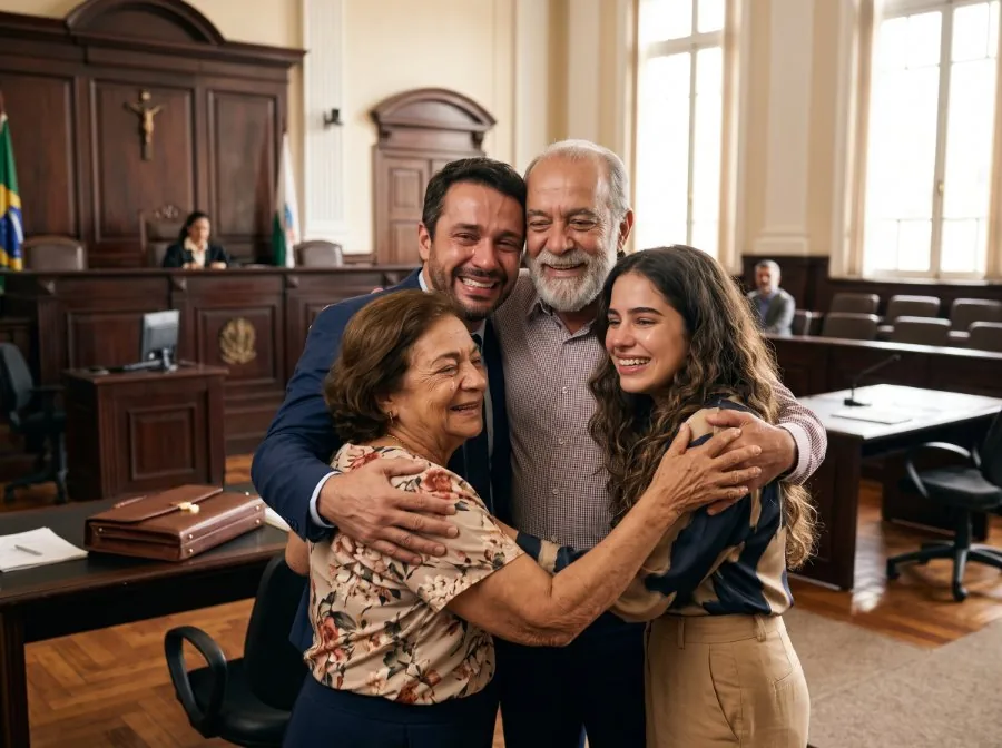 Família emocionada se abraçando no tribunal após decisão favorável