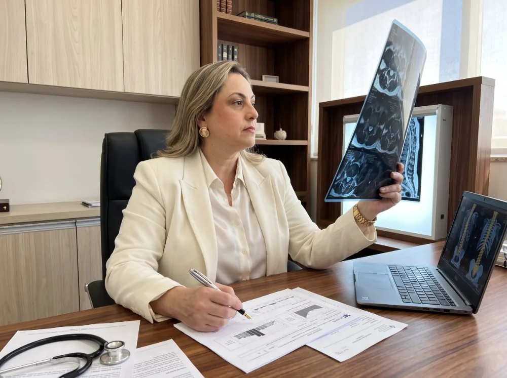 Dra. Márcia Zani analisando exames de imagem e laudos