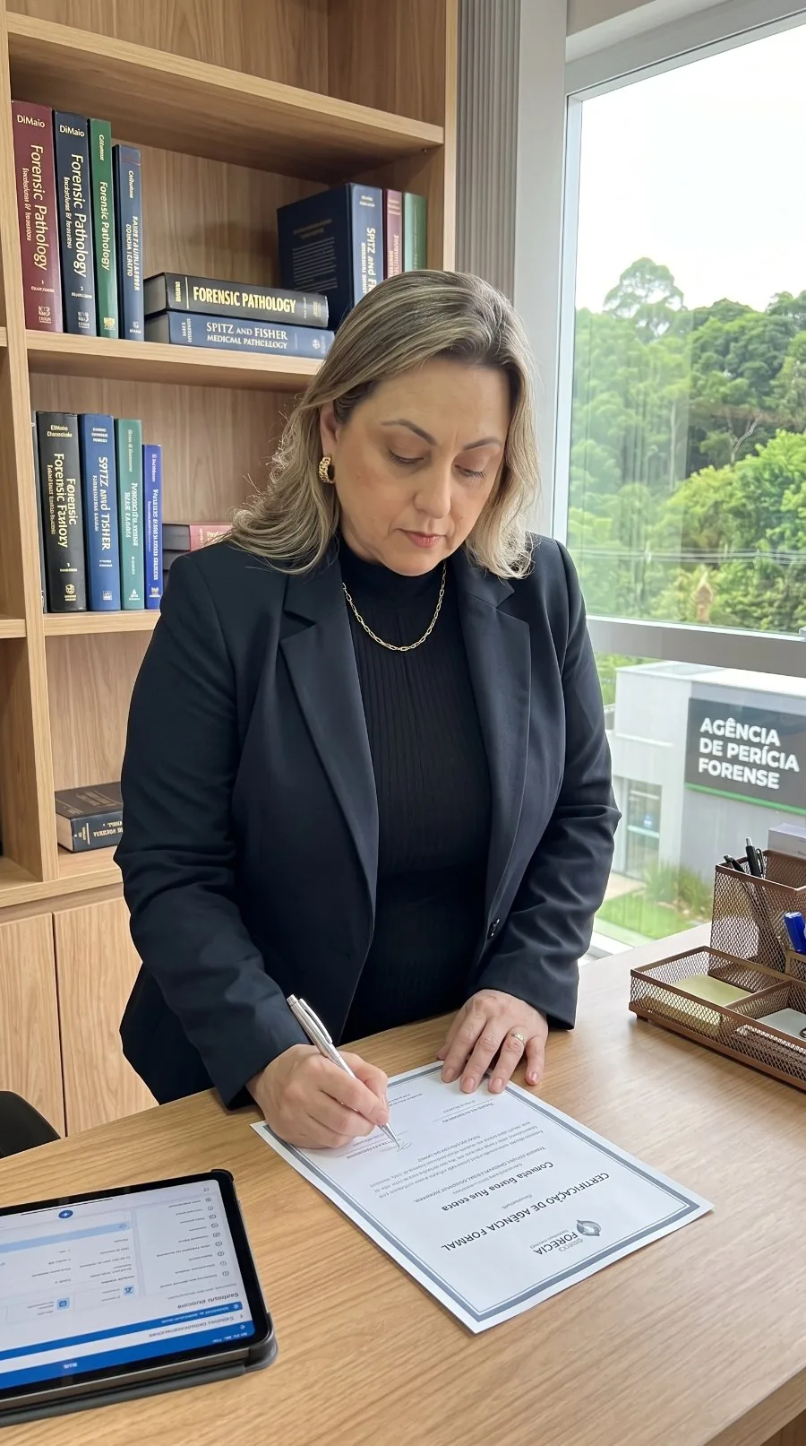 Dra. Márcia Zani assinando documentação técnica em seu escritório